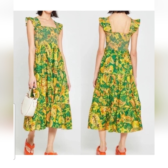 KOURT Calypso Tropical Floral Plant Print Green Tiered Maxi Dress Womans XL